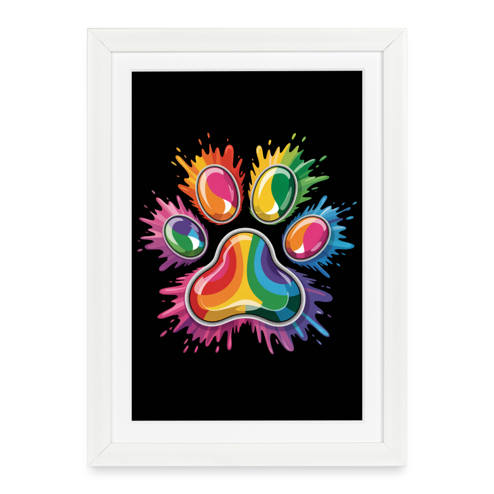 Farbenfrohe Pfote in Splash Technik schwarzer Hintergrund Gerahmtes Poster (27 × 37 cm) - Weiß