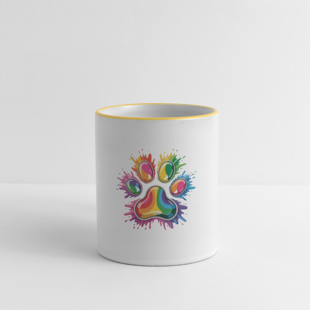 Regenbogenfarbene Hundepfote in Splash Optik Kaffeetasse zweifarbig - Weiß/Gelb