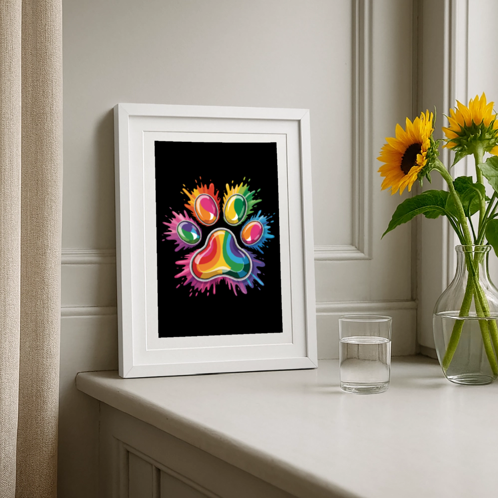 Farbenfrohe Pfote in Splash Technik schwarzer Hintergrund Gerahmtes Poster (27 × 37 cm) - Weiß