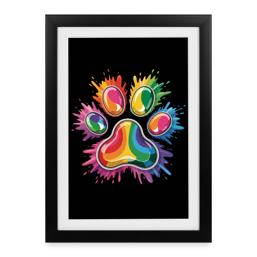 Farbenfrohe Pfote in Splash Technik schwarzer Hintergrund Gerahmtes Poster (27 × 37 cm) - Schwarz