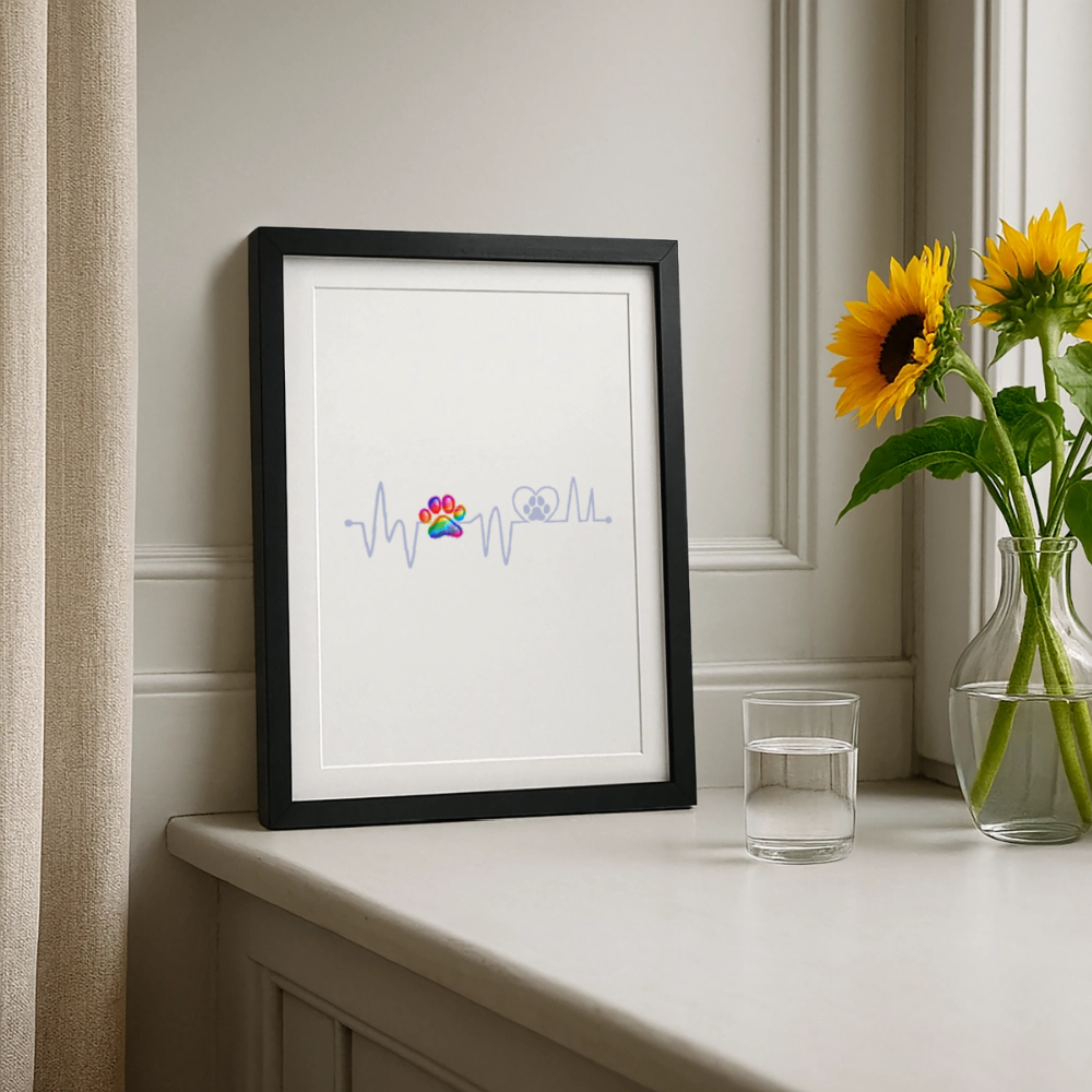 Herzschlag Heartbeat Hund Hundepfote auf weißem Hintergrund Gerahmtes Poster (27x37cm) - Schwarz