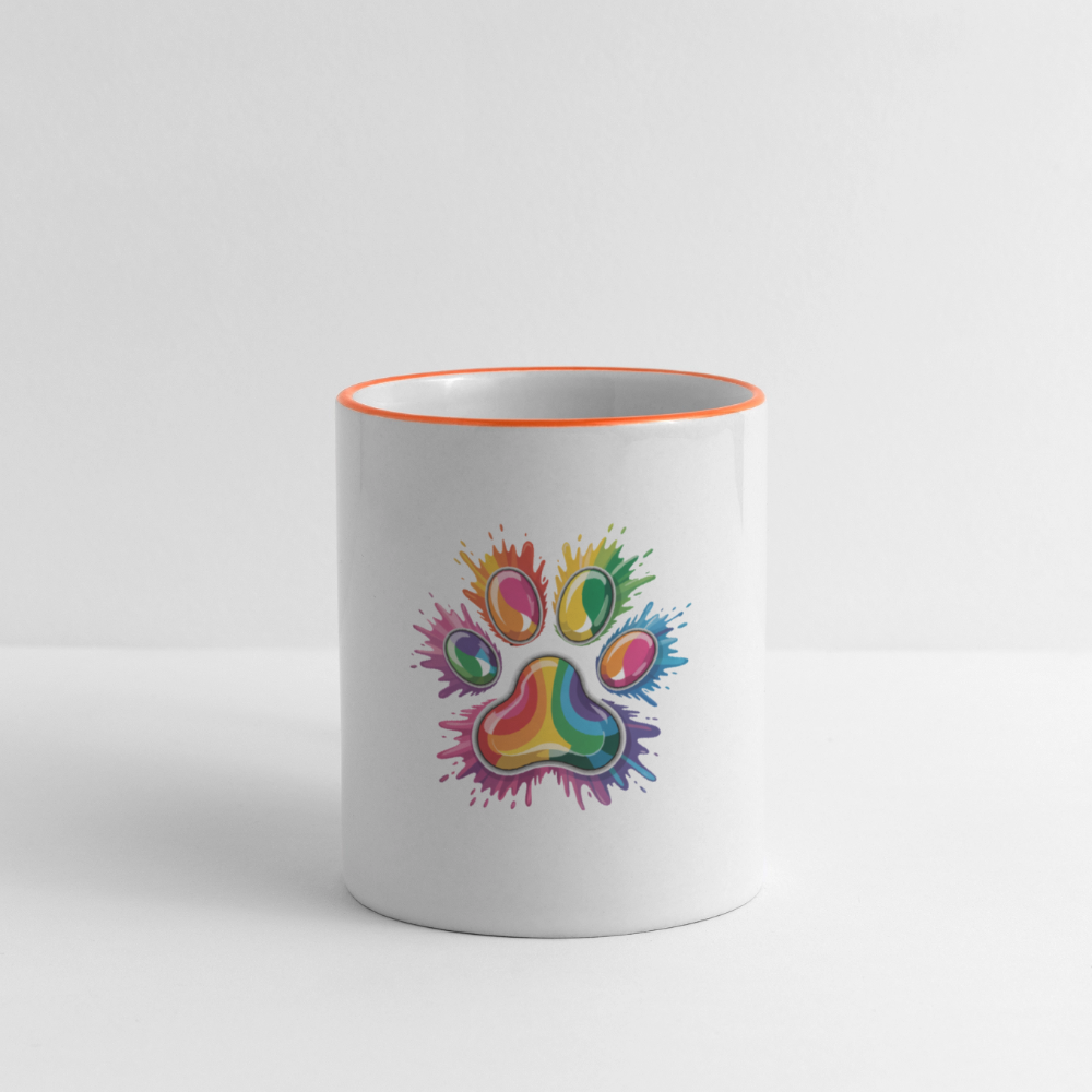 Regenbogenfarbene Hundepfote in Splash Optik Kaffeetasse zweifarbig - Weiß/Orange