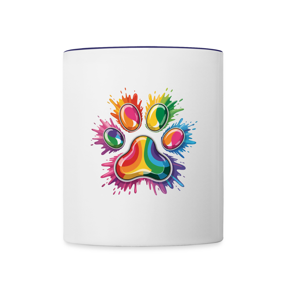 Regenbogenfarbene Hundepfote in Splash Optik Kaffeetasse zweifarbig - Weiß/Kobaltblau