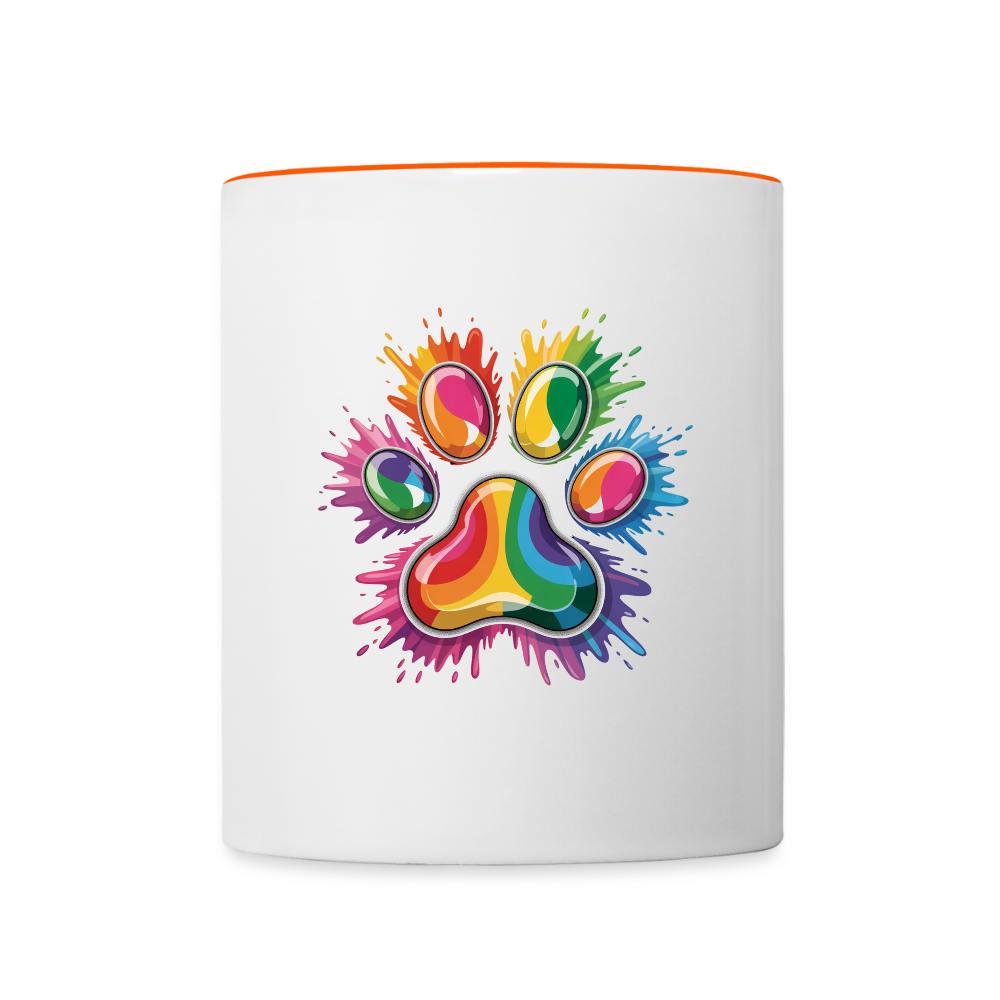Regenbogenfarbene Hundepfote in Splash Optik Kaffeetasse zweifarbig - Weiß/Orange