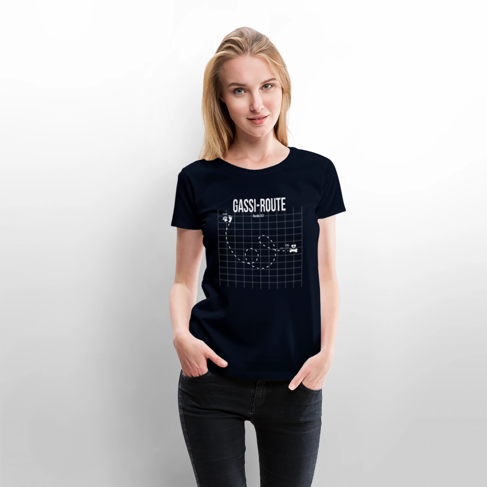 Gassi-Route fun Hunde Motiv mit Pfote & Knochen 🐾 DamenPremium T-Shirt - Navy