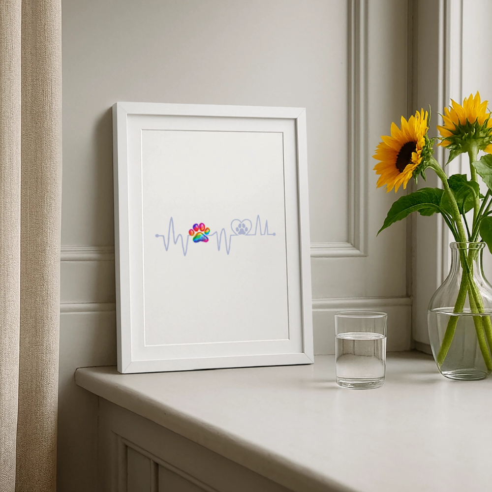 Herzschlag Heartbeat Hund Hundepfote auf weißem Hintergrund Gerahmtes Poster (27x37cm) - Weiß
