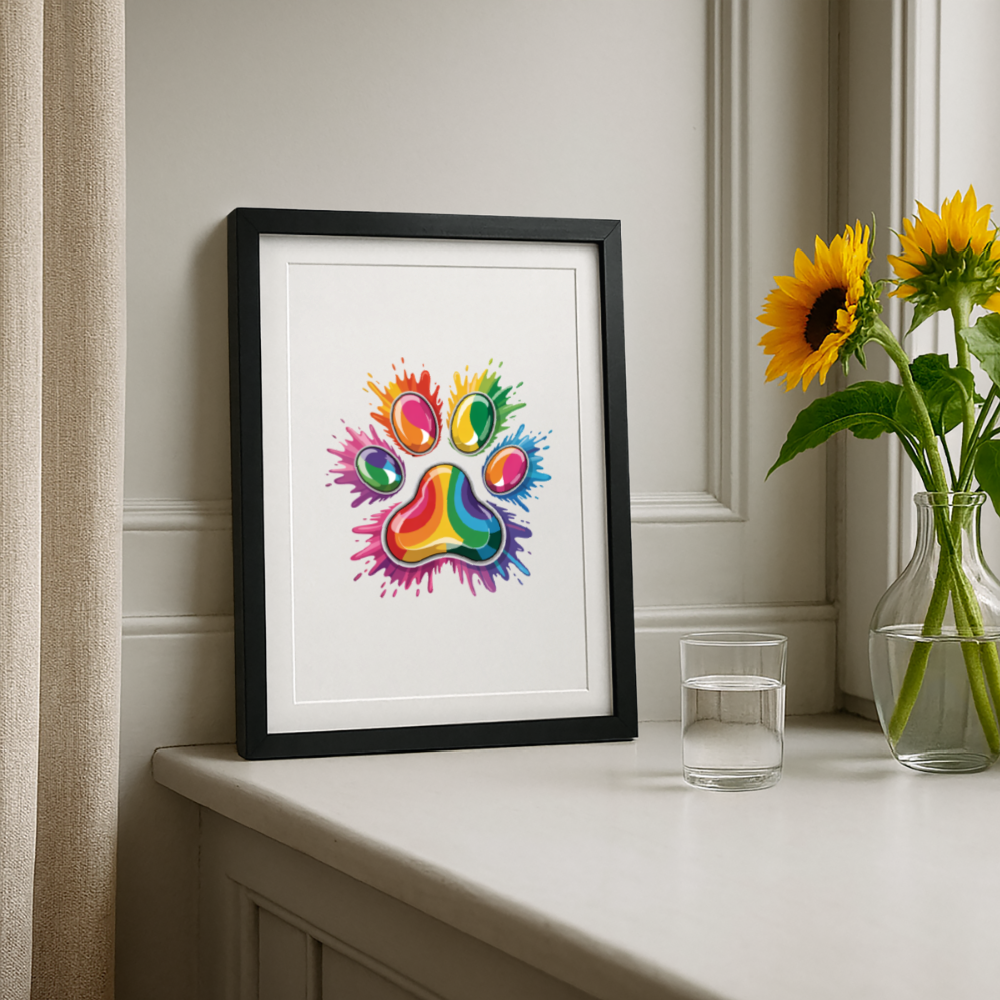 Farbenfrohe Pfote in Splash Technik Gerahmtes Poster (27 × 37 cm) - Schwarz