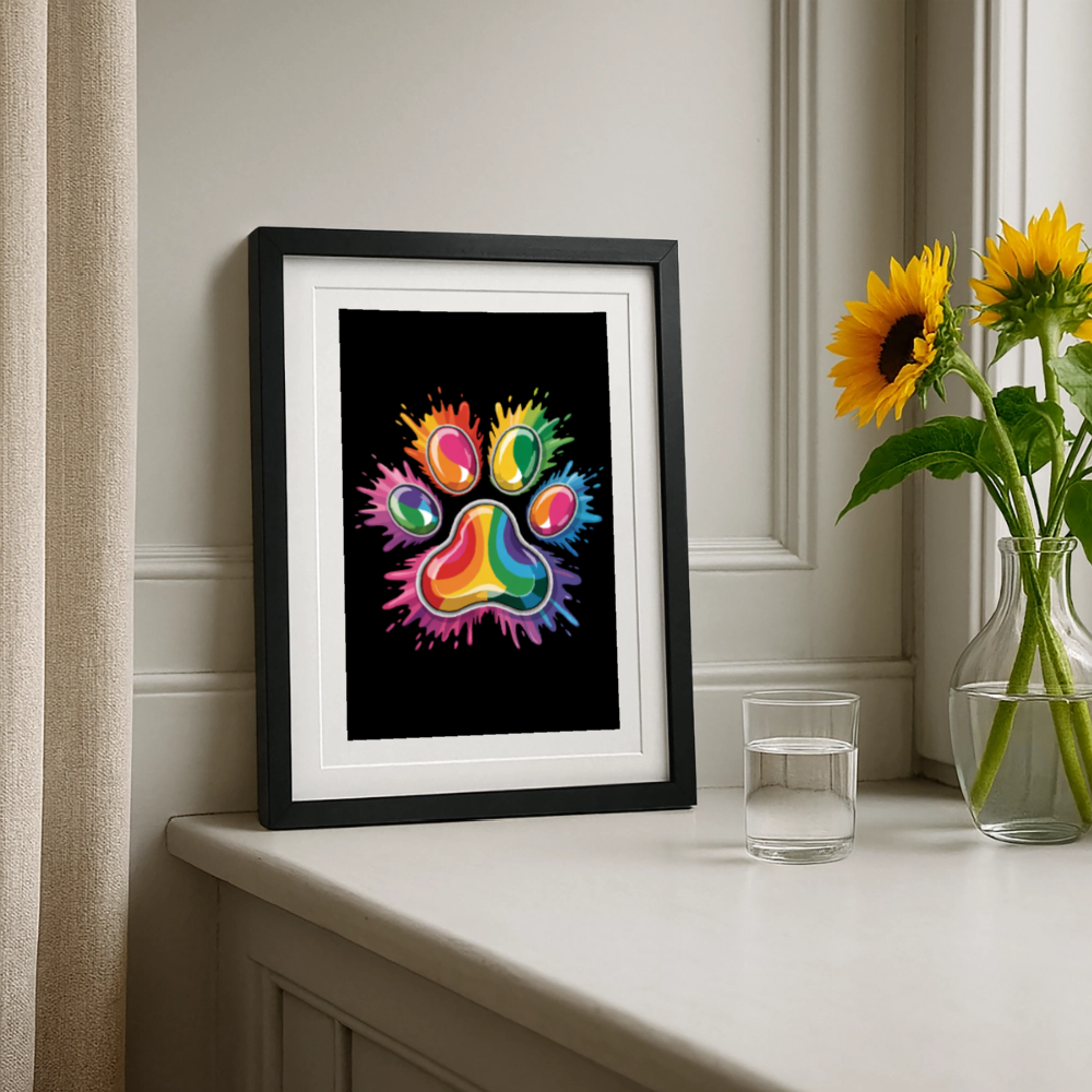 Farbenfrohe Pfote in Splash Technik schwarzer Hintergrund Gerahmtes Poster (27 × 37 cm) - Schwarz