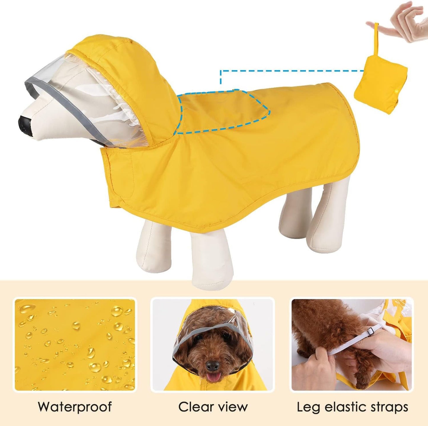 Hunde Regenmantel waterproofed, atmungsaktiv Regenjacke für kleine und mittelgroße Hunde mit Kapuze und Aufbewahrungstäschchen
