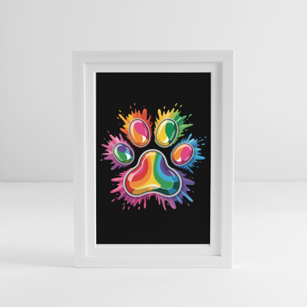 Farbenfrohe Pfote in Splash Technik schwarzer Hintergrund Gerahmtes Poster (27 × 37 cm) - Weiß