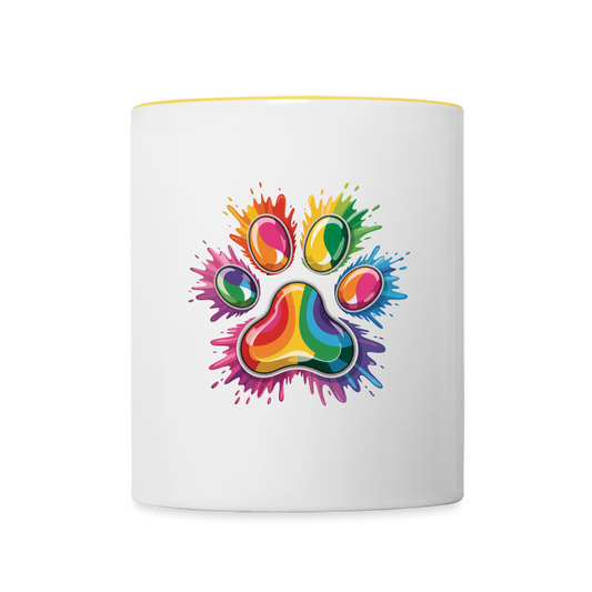 Regenbogenfarbene Hundepfote in Splash Optik Kaffeetasse zweifarbig - Weiß/Gelb
