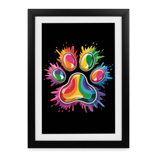 Farbenfrohe Pfote in Splash Technik schwarzer Hintergrund Gerahmtes Poster (27 × 37 cm) - Schwarz