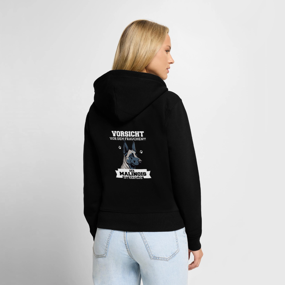 Vorsicht vor dem Frauchen der Malinois ist harmlos Frauen Rückenaufdruck Frauen Premium Bio Zip Hoodie - Schwarz