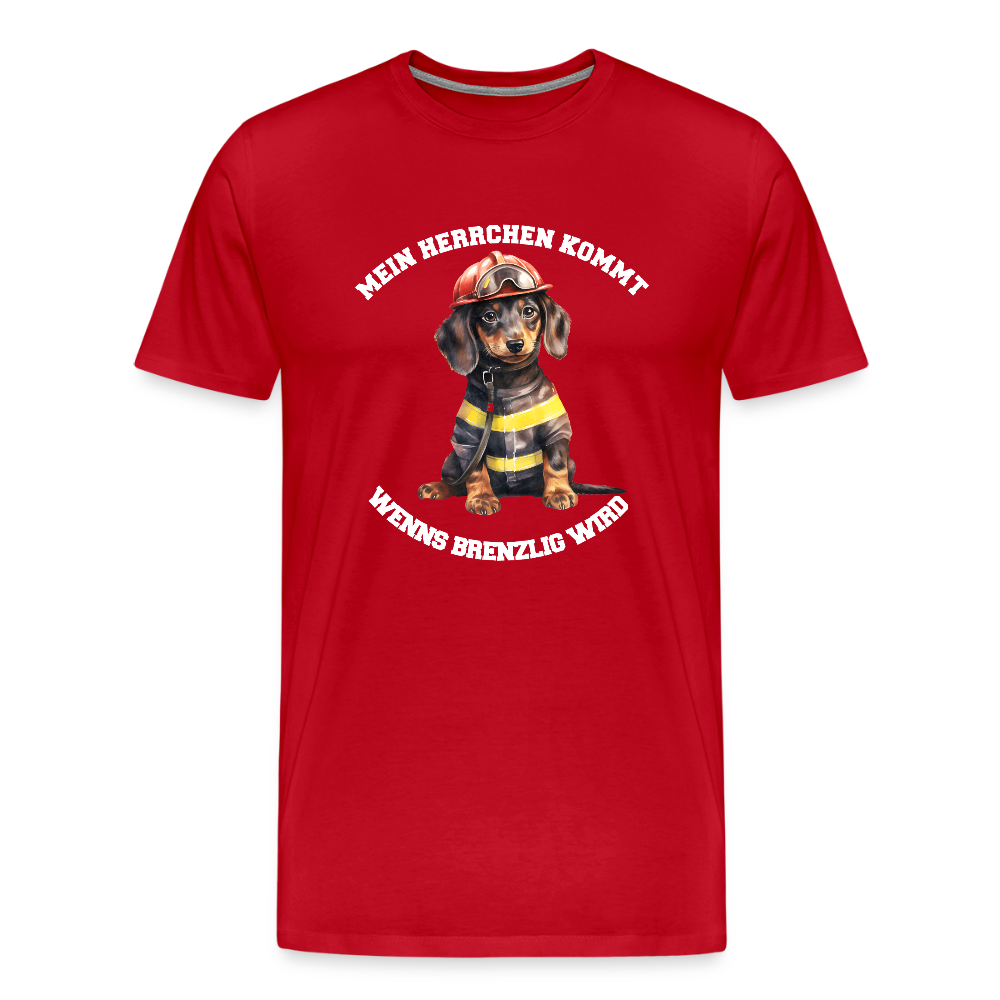 Mein Herrchen kommt, wenn’s brenzlig wird – Feuerwehr-Dackel Shirt– Cooles Motiv für Dackel-BesitzerMänner Premium Hoodie - Rot