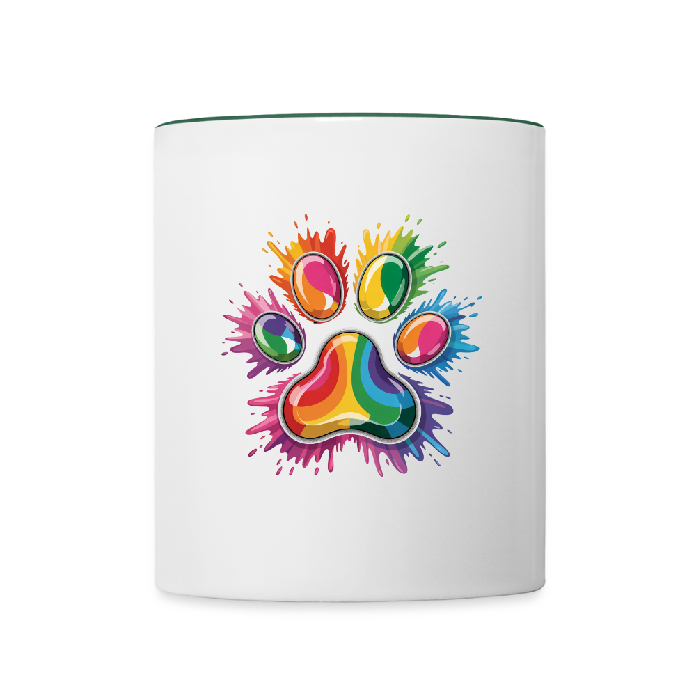Regenbogenfarbene Hundepfote in Splash Optik Kaffeetasse zweifarbig - Weiß/Dunkelgrün