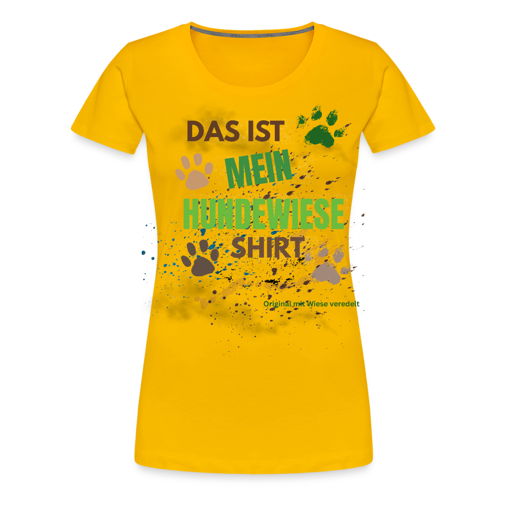 Das ist mein Hundewiese Shirt mit Pfotenabdrücken und Spritzern lustiges Frauen  T-Shirt - Sonnengelb