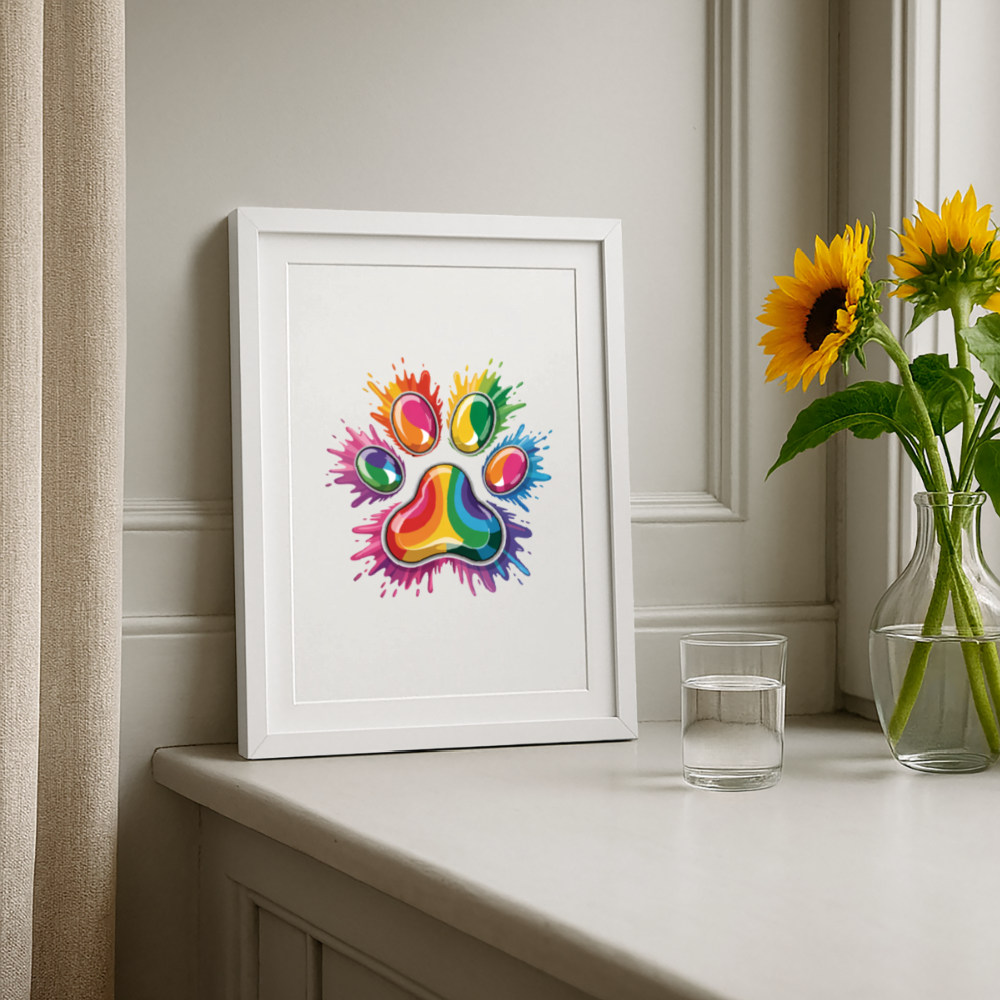 Farbenfrohe Pfote in Splash Technik Gerahmtes Poster (27 × 37 cm) - Weiß