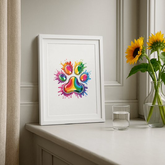 Farbenfrohe Pfote in Splash Technik Gerahmtes Poster (27 × 37 cm) - Weiß