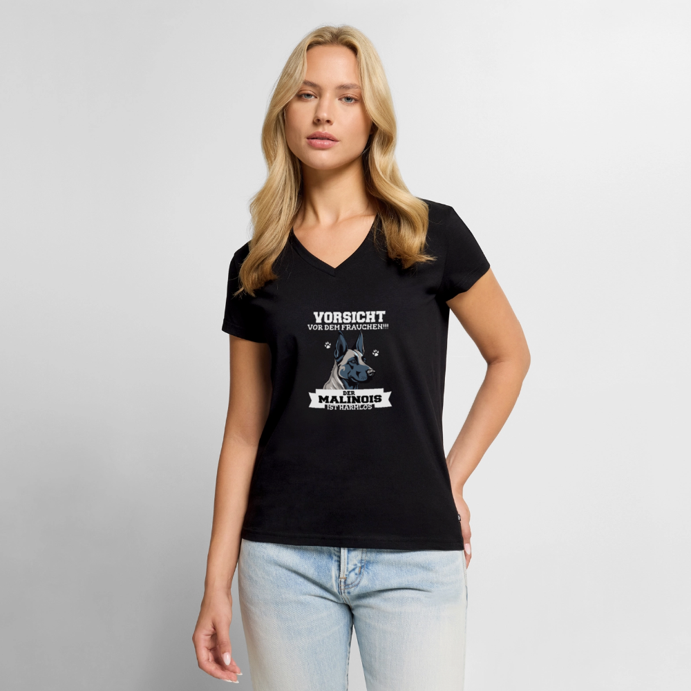 Vorsicht vor dem Frauchen der Malinois ist harmlos Frauen Shirt V-Ausschnitt - Schwarz